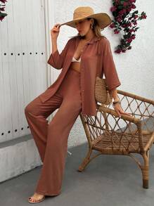 SHEIN Conjunto de dos piezas con blusa de corte holgado y pantalón para mujer