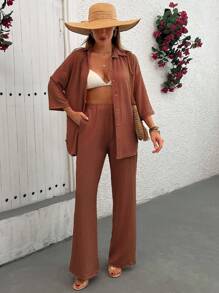 SHEIN Conjunto de dos piezas con blusa de corte holgado y pantalón para mujer