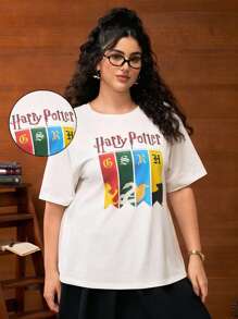 HARRY POTTER X SHEIN Camiseta de Manga Curta com Gola Redonda, Estampa de Letra e Animal Colorido, Plus Size