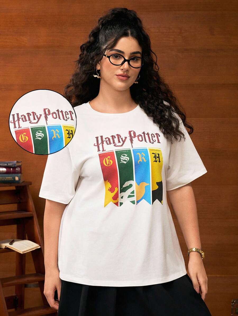 HARRY POTTER X SHEIN Camiseta de Manga Curta com Gola Redonda, Estampa de Letra e Animal Colorido, Plus Size