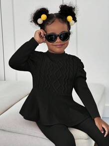 2 件套年轻女孩和年轻女孩纹理腰带毛衣和针织紧身裤，休闲秋冬装 - 黑色 - 查看 4