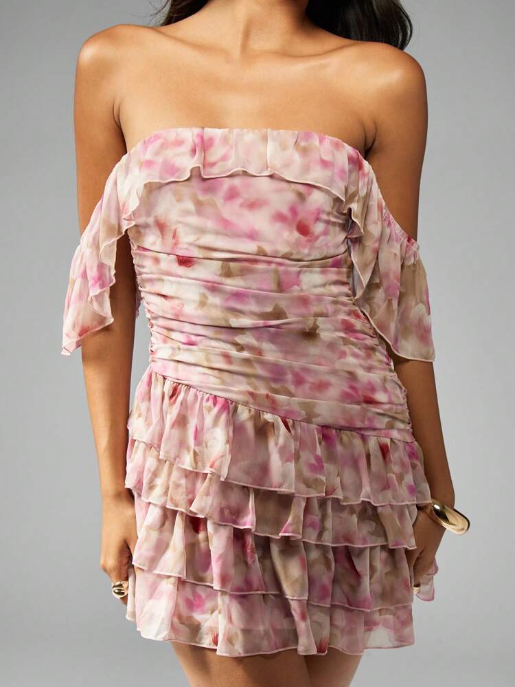 MISSGUIDED Floral Watercolor Chiffon Mini Dress Strapless Ruched Design Ruffled Tiered Skirt Off Shoulder Puff Sleeves Spring Summer Wedding Guest Party Evening Occasion Wear