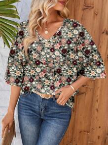 EMERY ROSE Áo sơ mi nữ cổ chữ V rộng rãi, tay 3/4, thích hợp cho mùa hè - Nhiều màu - Xem 4