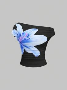 Sweetra 女式不对称领荷叶边修身花卉印花休闲夏季衬衫