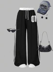 Sparklyn 休闲街头嘻哈风格短款字母印花运动裤，适合少女户外、街头摄影、校园穿着