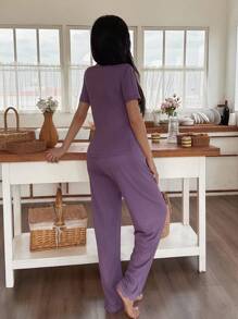 SHEIN 1 Bộ đồ ngủ tay ngắn cổ chữ V phối ren cho nữ - Màu tím - Xem 2