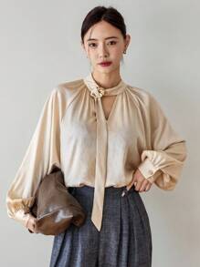 Dazy-Less 女士优雅长袖衬衫，纯色休闲商务办公装，带抽绳围巾设计，适合春、夏、秋、秋季女装 - 香檳色 - 查看 6