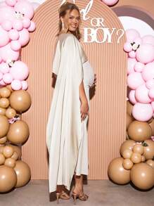 Loomaby 优雅孕妇派对纯色斗篷袖连衣裙性别揭示连衣裙孕妇装婴儿洗礼连衣裙 - 杏色 - 查看 6