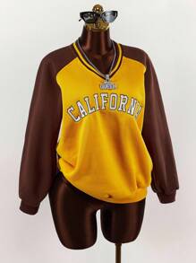 Amplova 宽松撞色拼接插肩袖运动衫，学院风女式秋冬装 - 黃色 - 查看 1