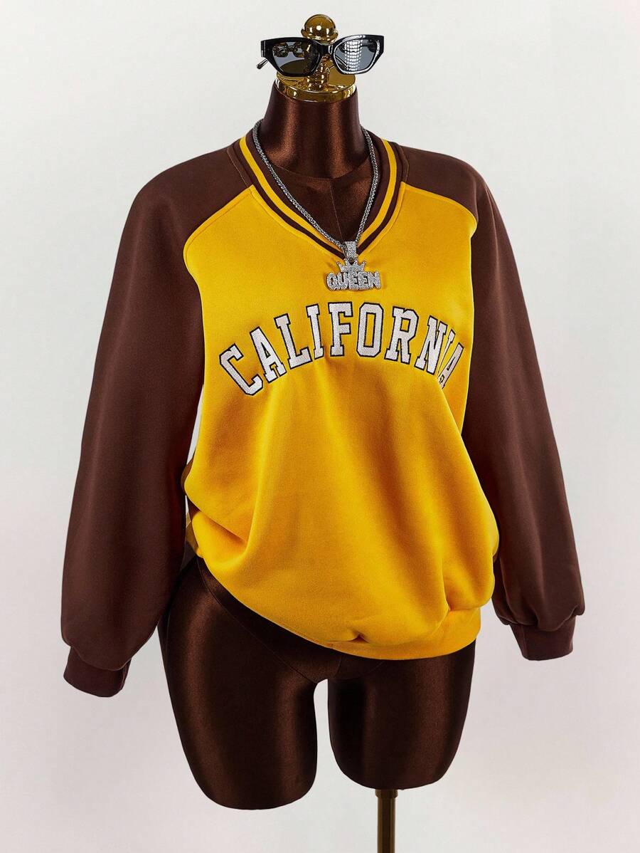 Amplova 宽松撞色拼接插肩袖运动衫，学院风女式秋冬装 - 黃色 - 查看 1