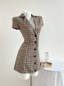 Elamini 女式休闲格子纽扣前迷你连衣裙，夏季 - 彩色 - 查看 4