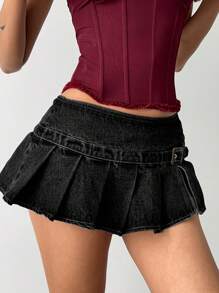 Aloruh 女式性感超低腰牛仔褶皱迷你裙 - 深灰色 - 查看 4