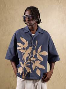 SUMWON Oversized Resort Botanical Shirt Button Down Short Sleeve Holiday Beach Vacation Casual Summer Retro Lounge Palm Print Relaxed Island Wear VACATION - Blue - View 1
