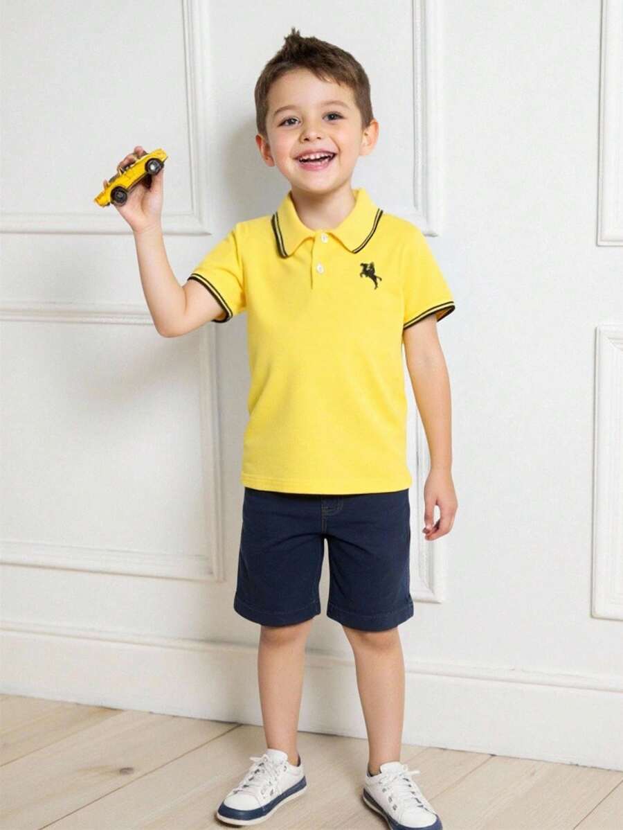 Young Boy's Striped Knight Print Short Sleeve Casual Holiday Polo Shirt - Yellow - View 1