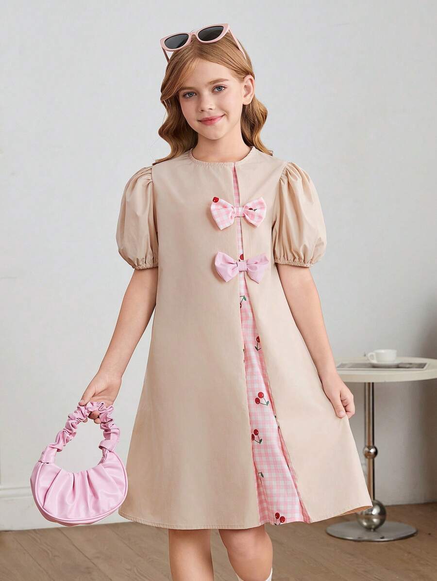 SHEIN Tween Girl Casual Home Loose A-Line Colorblock Patchwork Bow Decor Bubble Short Sleeve Dress - Baby Pink - View 1