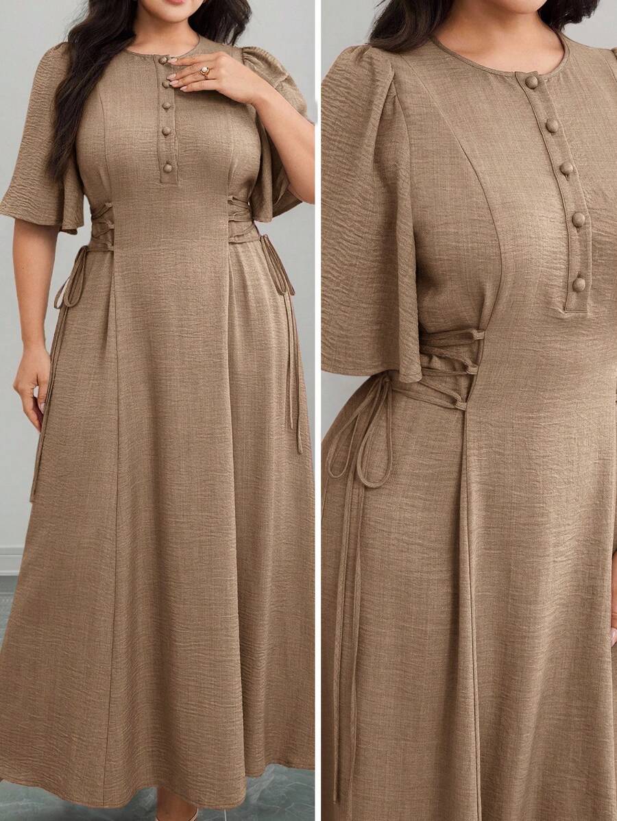 Modelyn Vestido elegante de talla grande para mujer de unicolor, con botones, media pechera, manga corta y cintura con lazo