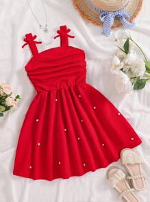 Sparklyn 大码女童无袖红色纹理面料连衣裙，3D 蝴蝶结装饰，腰部收褶，中长裙，奢华串珠工艺，优雅适合派对、聚会、休闲场合 - 紅色 - 查看 6