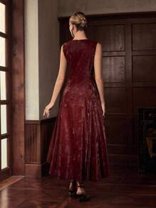 ZEYLAH Elegant Flare Hem Cinched Waist Sleeveless Women's Dress For Autumn/Winter - Burgundy - View 3