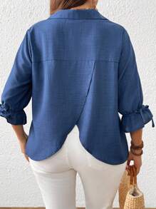 EMERY ROSE Blusa casual regular de mujer de talla grande con cuello en V y detalle de lazo, con apariencia de lino, apta para primavera, otoño e invierno - Azul - Ver 1