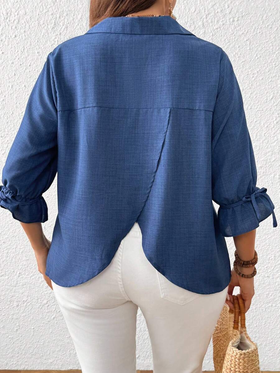 EMERY ROSE Blusa casual regular de mujer de talla grande con cuello en V y detalle de lazo, con apariencia de lino, apta para primavera, otoño e invierno - Azul - Ver 1