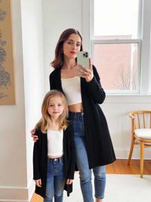 SHEIN Jaqueta Casual Confortável para Menina Jovem, Frontal Aberto, Manga Longa, Cor Sólida Sem Bolso, Outono(9), Inverno(2), Preto