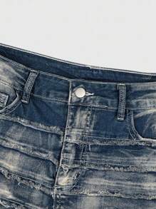 ROMWE Grunge Punk Y2K Distressed Multi-Layer Frayed Patchwork Low Waist Denim Mini Skirt With Stretch Leggings - Navy Blue - View 3