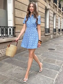 Pariaura 女士优雅时尚休闲收腰短袖连衣裙 - 藍色 - 查看 3