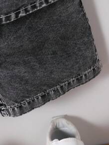 SHEIN Genkimix Kids 男童单排扣短袖衬衫和牛仔短裤休闲两件套 - 深灰色 - 查看 6