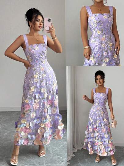 Rafferiza Women's Elegant 3D Floral Embroidered Tie-Back Backless Dress, Summer Lavender Floral Dress Women Lilac Floral Dress