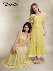 Tween Girls T-Shirt Set, Casual Elegant & Vacation, Yellow Puff Sleeve Boat Neck Cropped Shirt And Long Skirt Yellow Gingham Dress Girl Lemon Dress Girl Teen Girl Dresses Yellow Babydoll Dress Girl Girls Yellow Summer Dress - Yellow - View 6