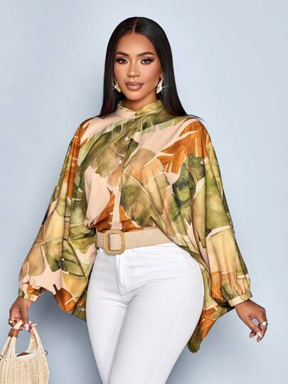 SOLERSUN Women's Tropical Print Single-Breasted Cropped Blouse With Batwing Sleeve, Suitable For Vacation And Everyday Wear (Random Floral) Fall Cloth For Women