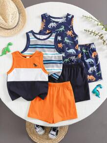 6件套男宝宝夏季休闲度假可爱卡通条纹上衣和短裤基础款多件装男宝宝服装恐龙男宝宝套装夏季男宝宝休闲套装婴儿休闲套装男宝宝恐龙服装图案