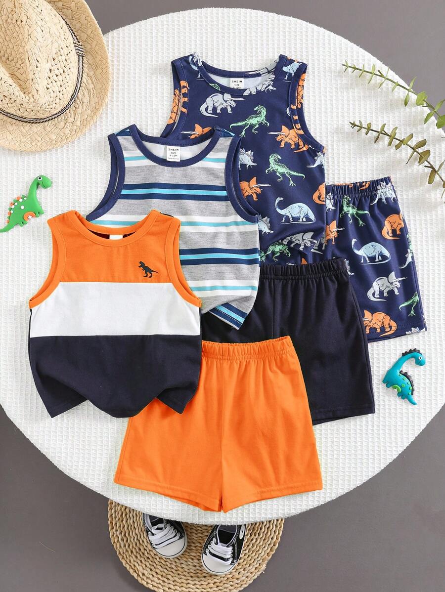 6件套男宝宝夏季休闲度假可爱卡通条纹上衣和短裤基础款多件装男宝宝服装恐龙男宝宝套装夏季男宝宝休闲套装婴儿休闲套装男宝宝恐龙服装图案