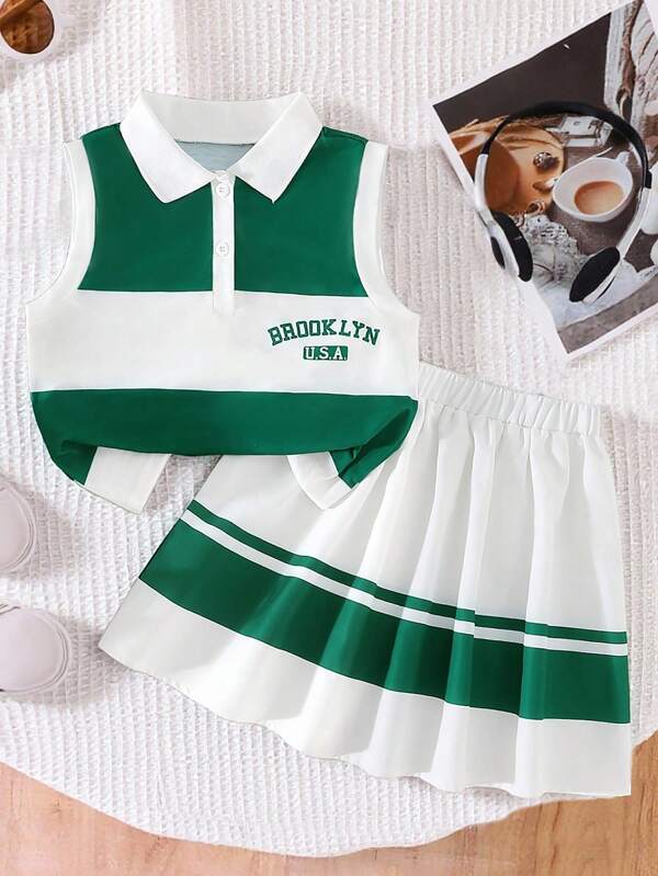 Ensemble décontracté et à la mode pour fille, haut court sans manches à rayures et jupe trapèze taille haute, imprimé lettres, style preppy pour la rentrée