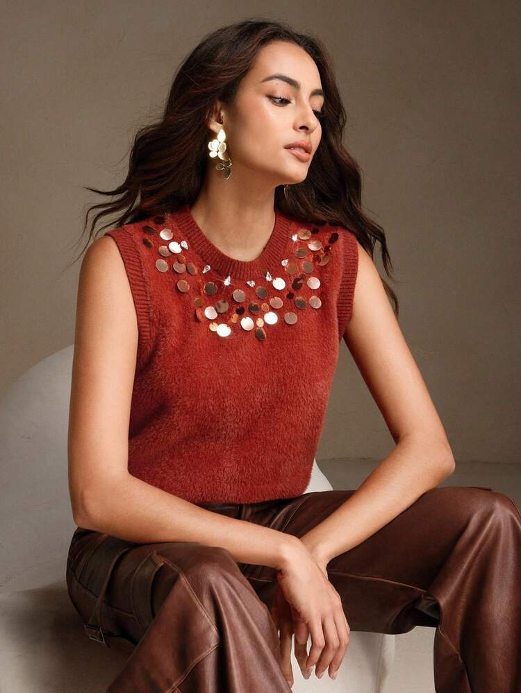 Autumn/Winter New Elegant Heavyweight Beaded Embroidered Soft Fuzzy Sleeveless Women Knit Top, Pumpkin Color