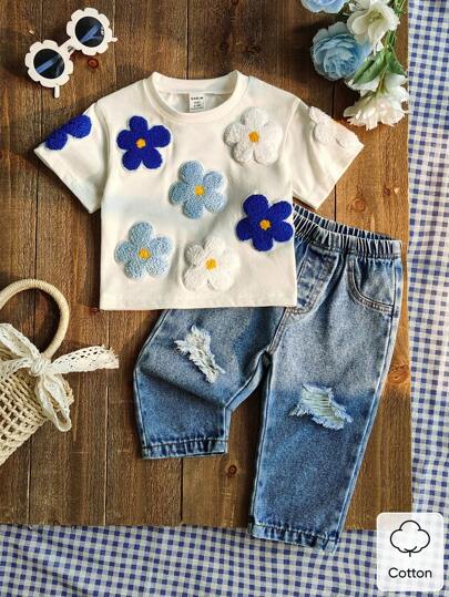 SHEIN Vintaside Kids 2pcs Baby Girls Set: Solid Color White Crew Neck Short Sleeve Top With Applique & Light Blue Ripped Denim Long Pants, Fashion, Soft & Comfortable, Suitable For Spring/Summer Outdoor, Travel, Casual Wear