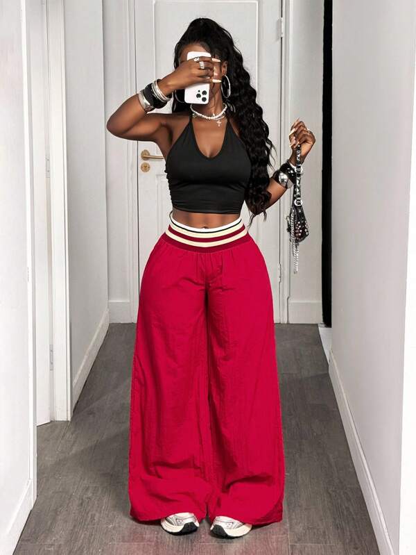 BamGleam Autumn New Casual Waistband Colorblock Design Statement Red Wide Leg Pants