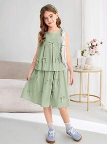 SHEIN Tween Girl Casual Solid Color Round Neck Sleeveless Top & Mini Skirt 2Pcs Set - Mint Green - View 4