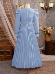 SHEIN Serisse Kids 青少年女孩休闲泡泡袖V领褶裥长裙 - 霧霾藍 - 查看 3