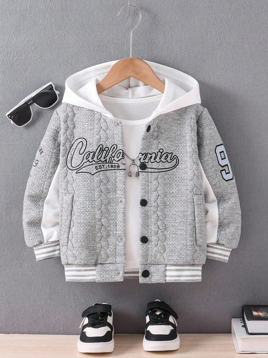 SHEIN Young Boy Letter Embroidered Varsity Jacket, Getaway, Holiday, Travel, Relax, Sunbathing, Summer Back To School Season Fall Winter - Multicolor - View 1