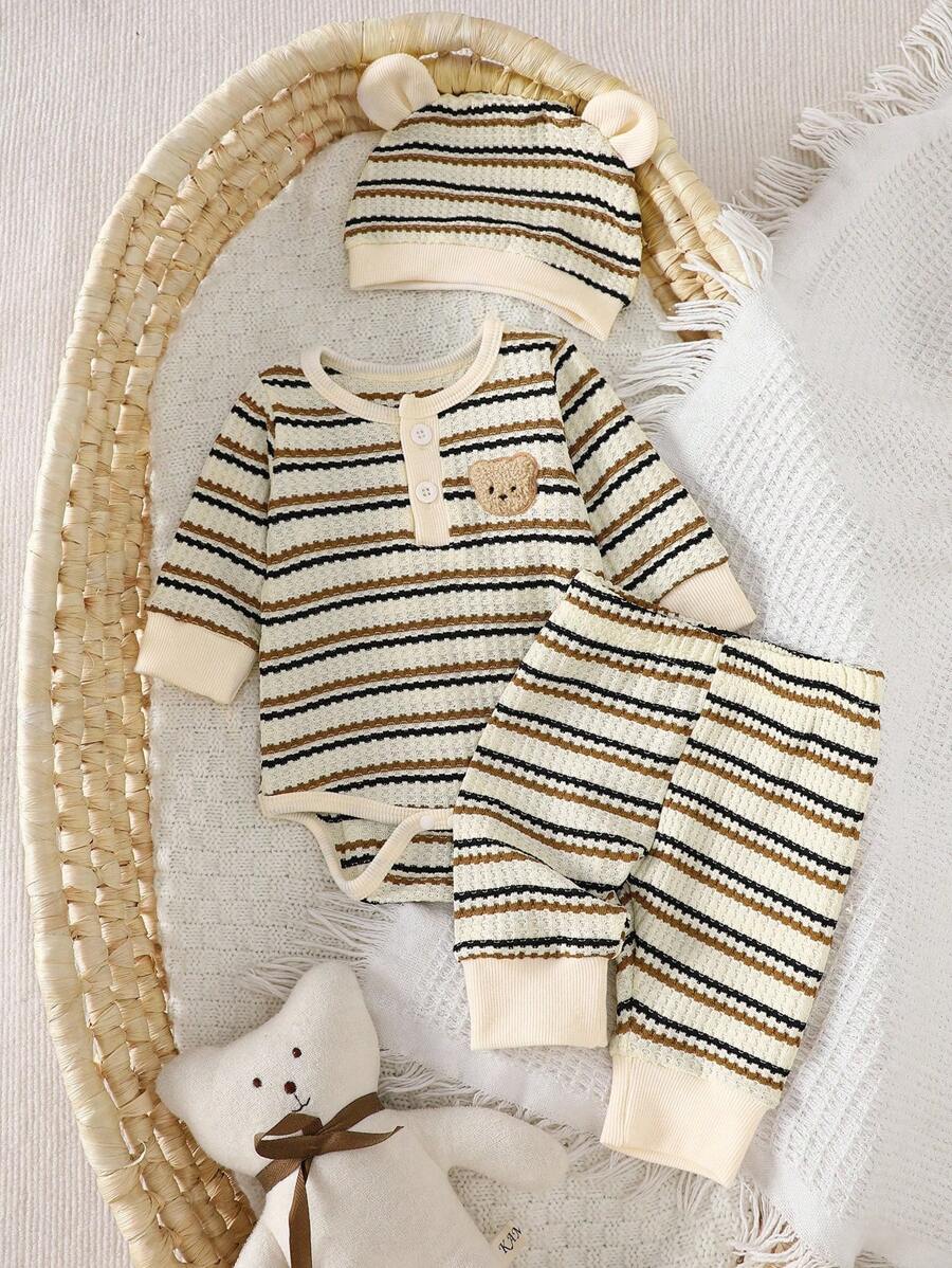Bộ 3 món đồ sơ sinh và bé trai bộ đồ liền thân dài tay họa tiết gấu bông hở ngực kẻ sọc kết hợp với quần và mũ cùng màu. Thời trang mới và giản dị phù hợp cho chụp ảnh gia đình và ngoài trời - Nhiều màu - Xem 1