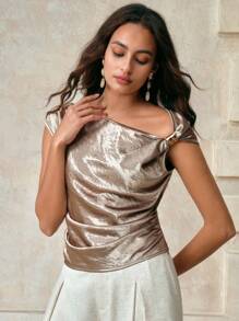 Arave Damen Satin Metall Dekorative Accessoires Plissee asymmetrische Schultern Schräger Kragen Design Tägliche Pendler Exquisite Retro Mode Elegante Vintage Kleidung Frauen Reise Flughafen Top - Grün - Übersicht 8