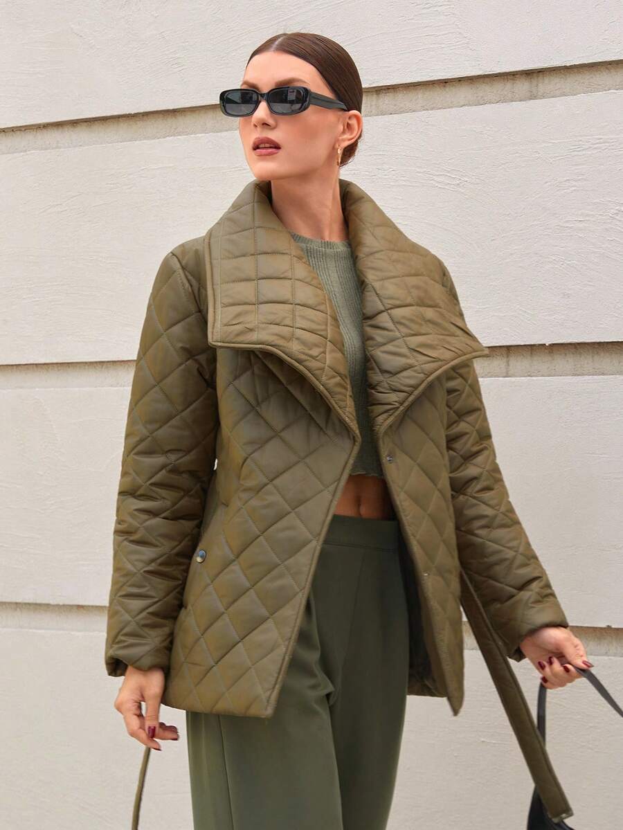 CLARA VERO Women Solid Color Padded Style Belted And Pocket Detailed Winter Coats - Khaki - View 1