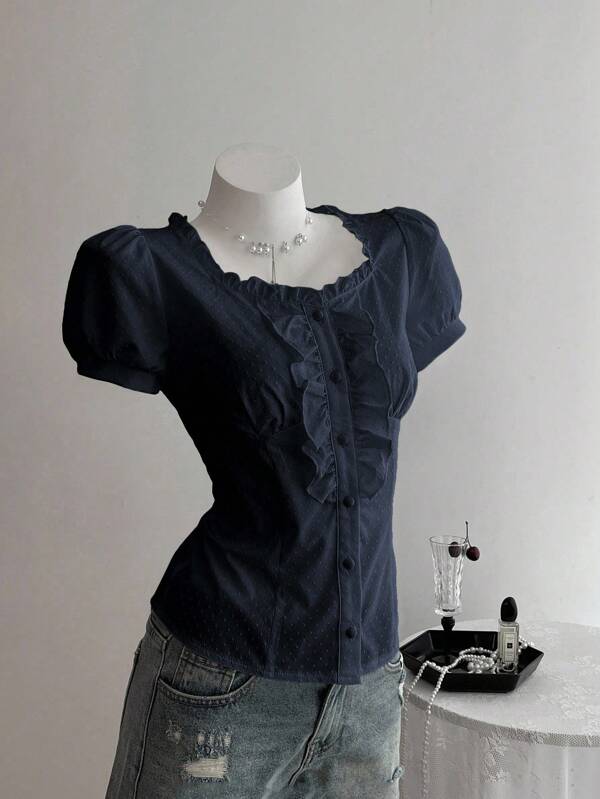 Elamini Women's Solid Color Ruffle Trim Short Puff Sleeve Single Breasted Fashionable Blouse