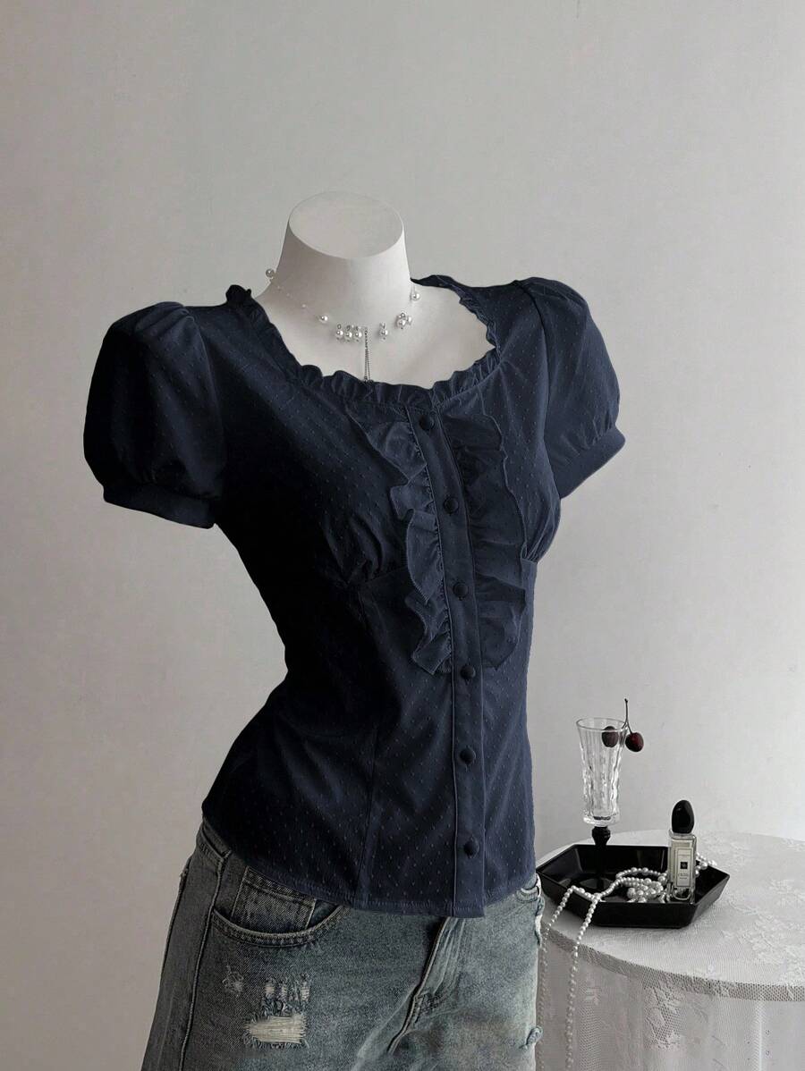 Elamini Women's Solid Color Frill Trim Short Puff Sleeve Single Breasted Fashionable Blouse - Navy Blue - View 1