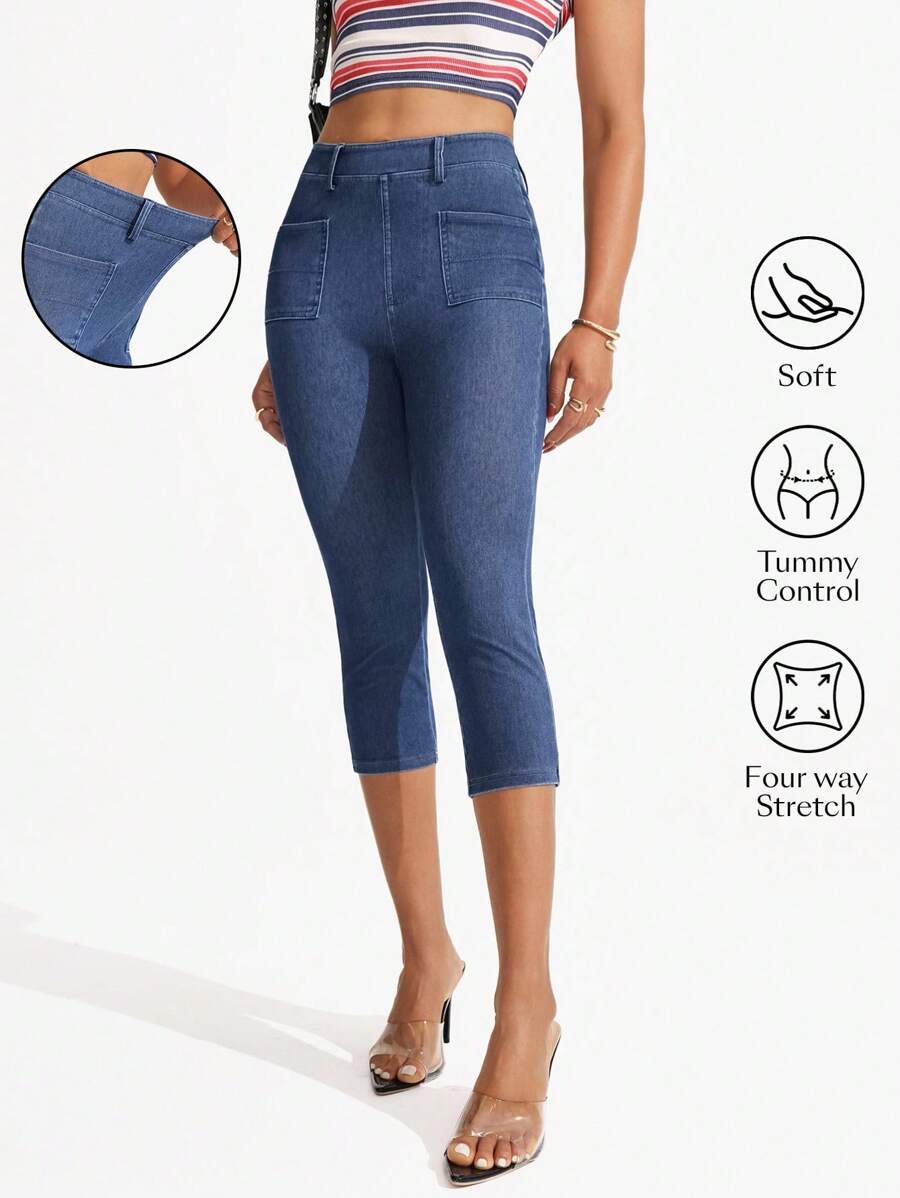 Flexra 纯色口袋松紧腰时尚修身七分牛仔裤 - 中等水洗藍 - 查看 1