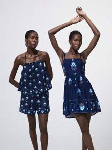 Maija 女式度假休闲花卉印花吊带背心迷你连衣裙 - 藍色 - 查看 3