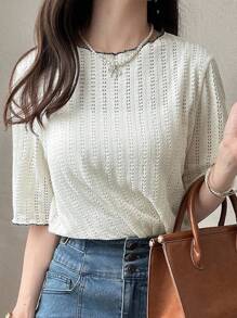 FRIFUL Women's Mesh Hollow Contrast Color Frill Trim Relaxed Fit Casual Cute Loose Short Sleeve T-Shirt, Spring/Summer Eyelet Top Summer Tops Short Sleeve Tops Knit Tops Women Tops - Beige - View 7