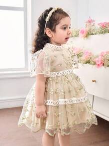 SHEIN Babygirl 可爱夏季花卉蕾丝领短袖迷你连衣裙 - 彩色 - 查看 5