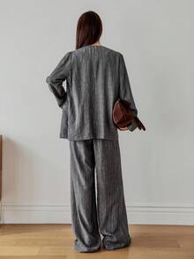 Dazy-Less 女士纹理条纹宽松商务休闲通勤办公室装衬衫开衫和直筒裤套装，适合秋季、春季和夏季 - 深灰色 - 查看 6